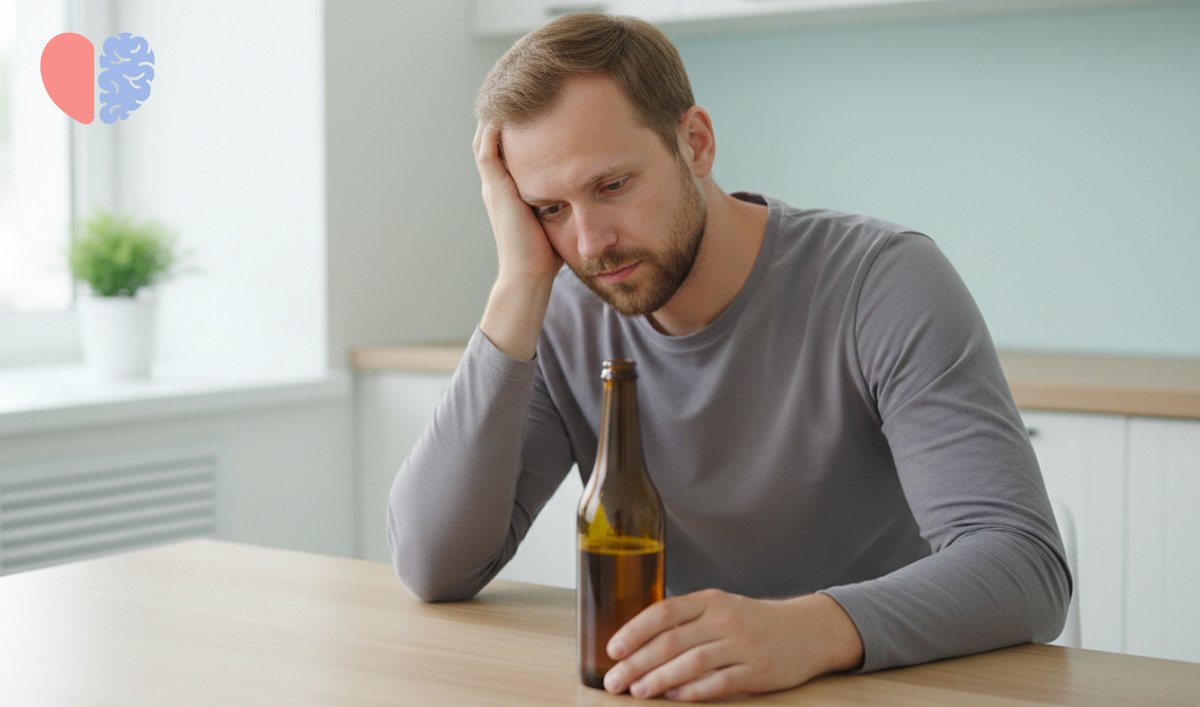 Мужчина сидит на кухне и распивает пиво