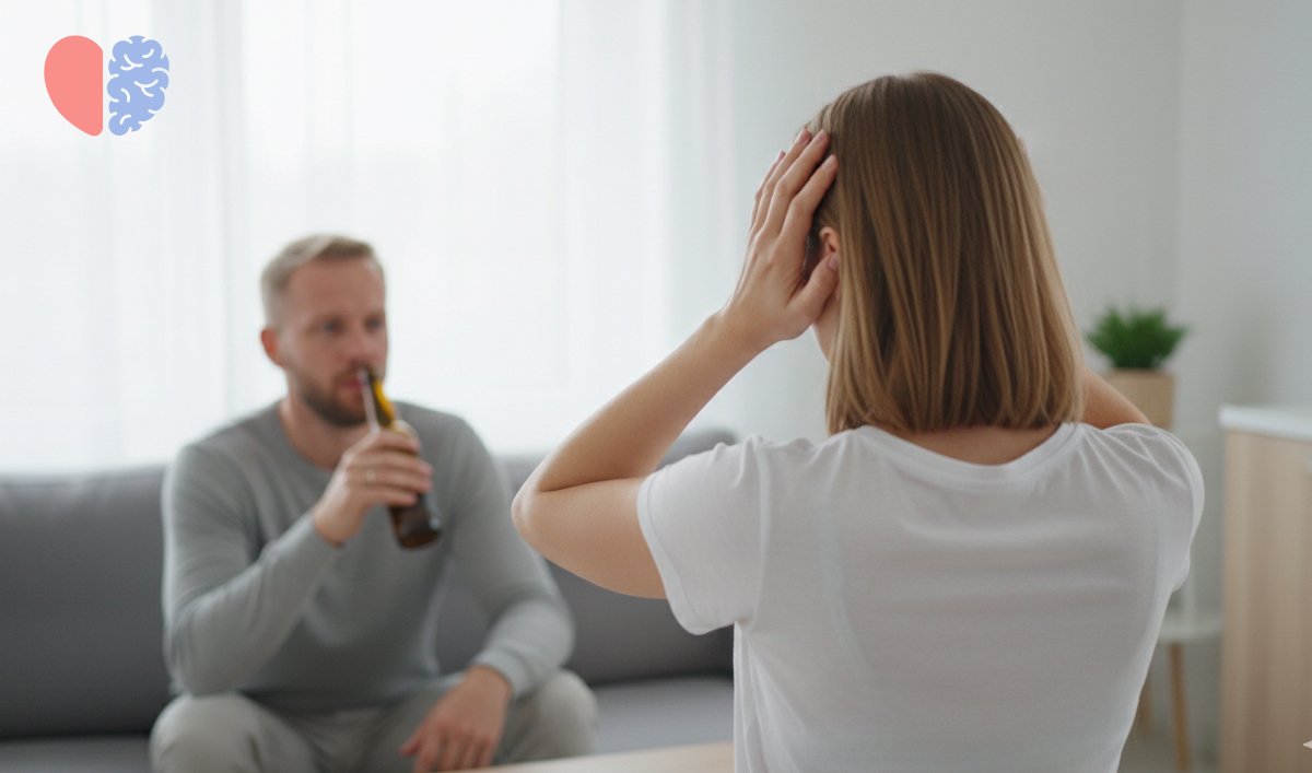 Женщина расстроена, а мужчина распивает алкоголь