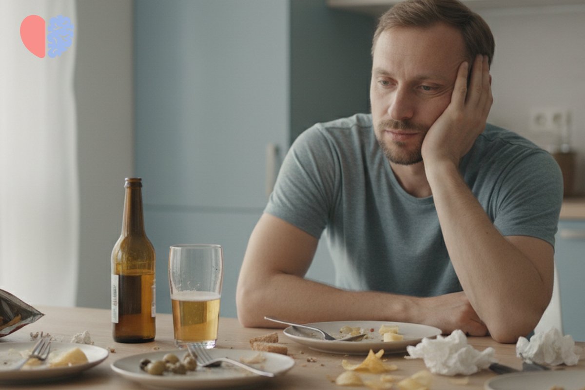 Мужчина пьёт пиво, сидя на кухне