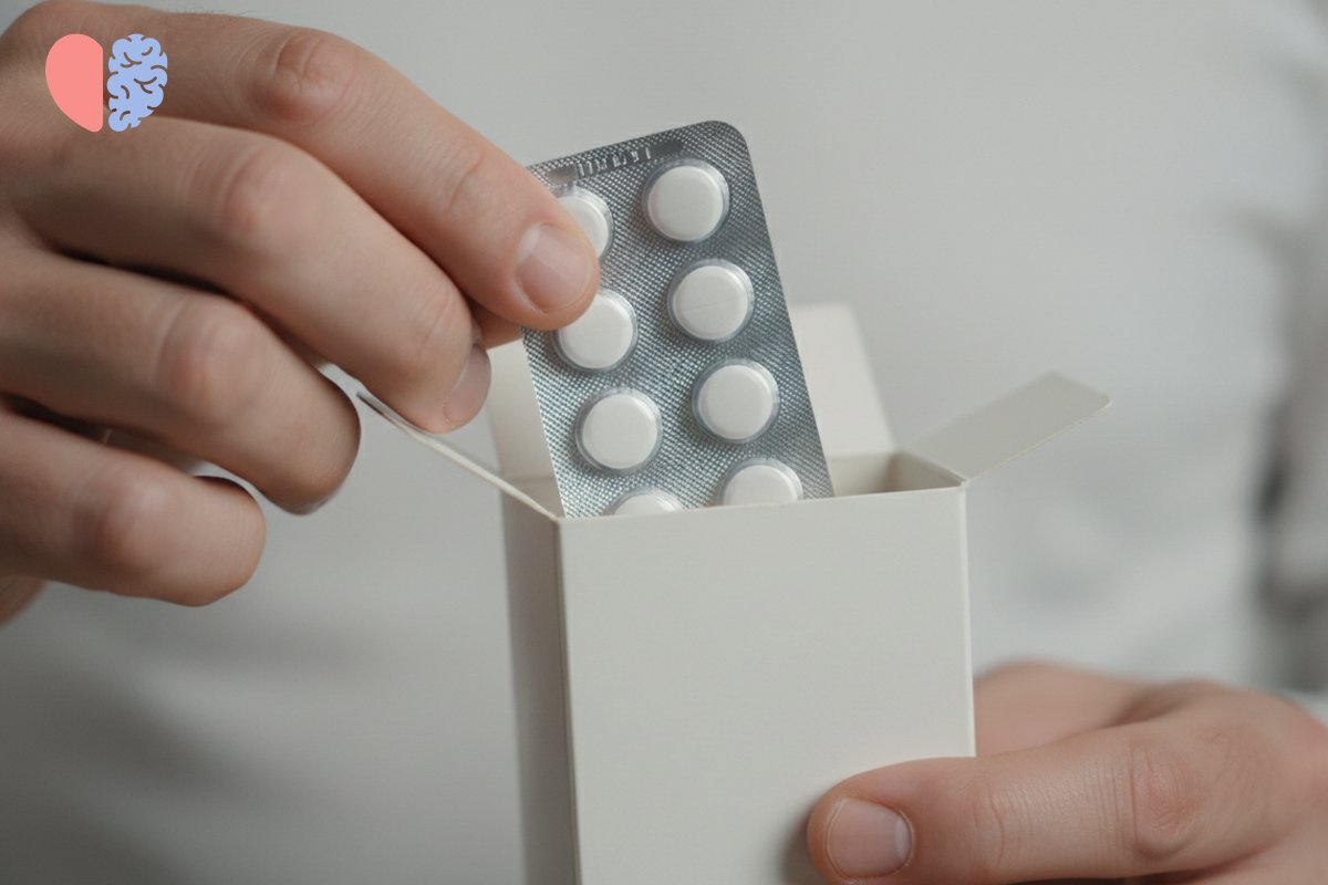 Мужчина достаёт таблетки из коробки