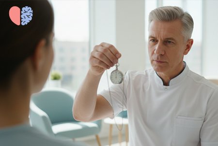 Врач-гипнолог держит часы перед пациентом